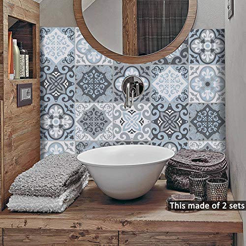 Wall Stickers Removable Wallpaper Tile Sticker Self-Adhesive Square Waterproof Oil-Proof Anti-Skid Tiles DIY Vinyl Wall Art for Bedroom Kitchen Bathroom Artwork Wall Murals (Blue,6 * 6 inch*50 PC)