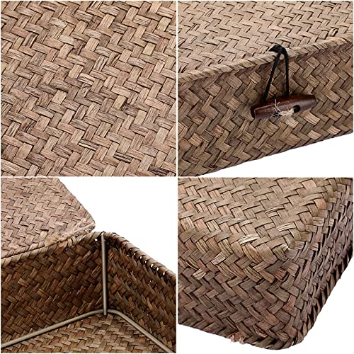 Image of Hipiwe Set of 3 Flat Wicker Basket Bins with Lid - Handwoven Seagrass Boxes