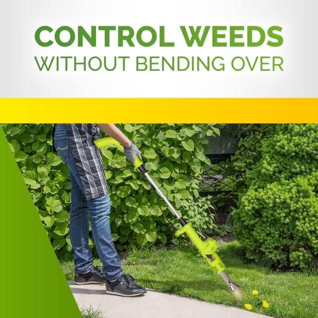 Person using the electric weed burner to remove weeds from a paved path