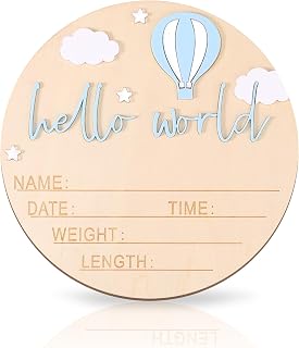 Wooden Baby Announcement Sign, 5.9 Inch Hello World Newborn Name Sign for Boy or Girl Birth Announcement Name Board for Hospital Nursery Decor Baby Shower Photo Prop