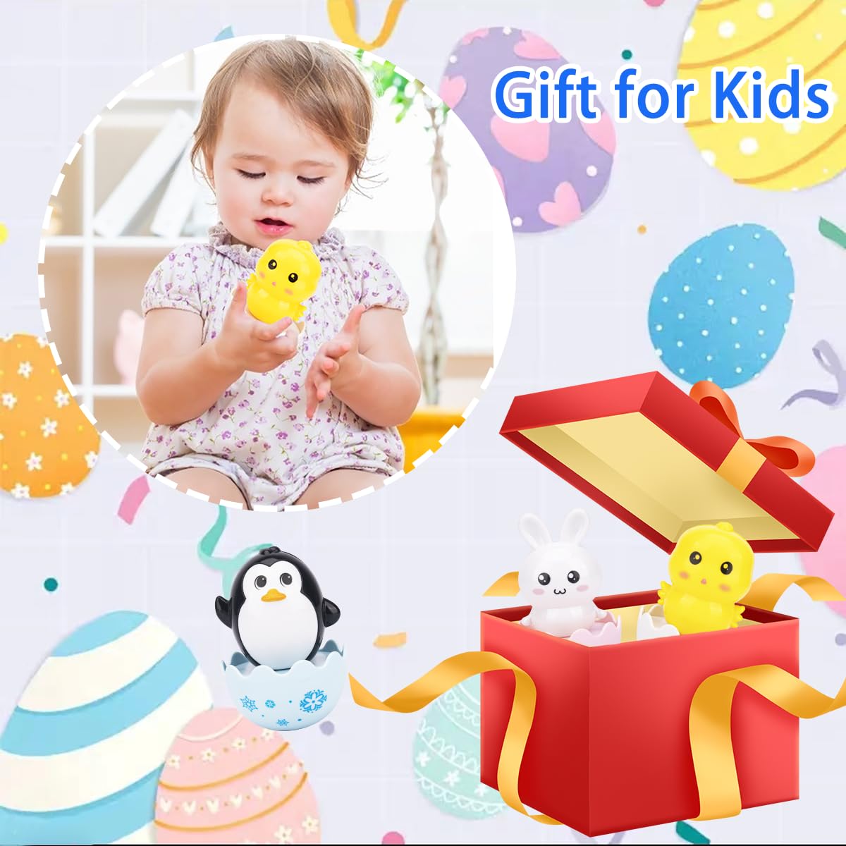 Juguetes de huevos de Pascua – Conejito, pollo, pingüino, Roly-Poly Animal Toys, regalo de Pascua de plástico para niños y niñas 6