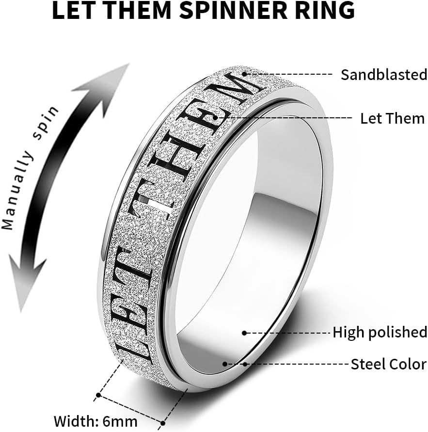 Fidget Toys Adults Anxiety Ring for Women: Fidget Spinner Cute Let Them Symbol Thumb Ring Stainless Steel Gold Silver Black Size 5 6 7 8 9 10 (Silver-LET Them, 10)