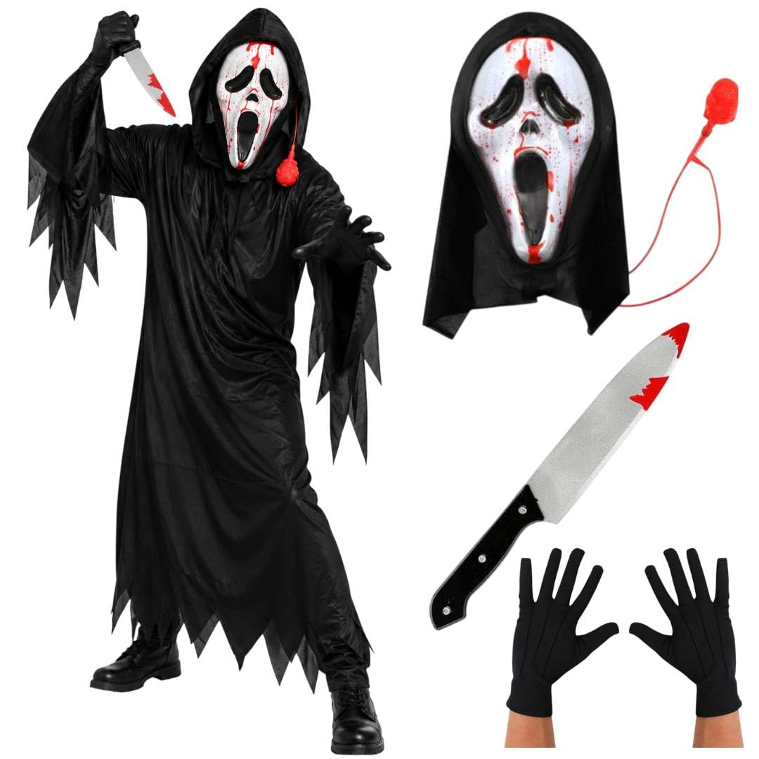 LOVETRENDS Deluxe Screamer Costume Set – Blood Pump Ghost Face Mask, Black Hooded Robe, Black Gloves & Bloody Scream Knife – Halloween Horror Fancy Dress Outfit for Adults