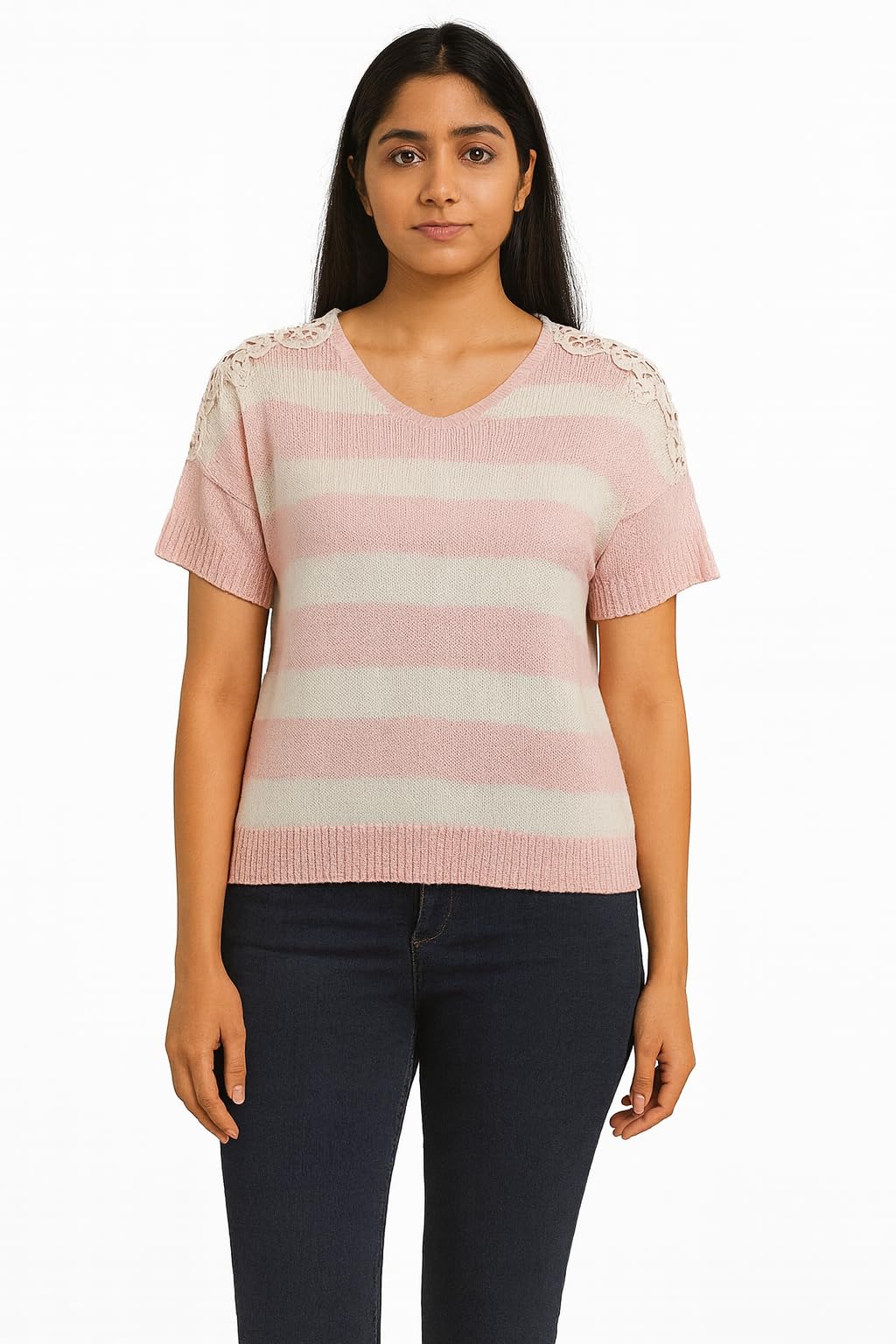 Women’s Pink & White Striped Knitted Top with Lace Shoulder | Casual Short Sleeve Sweater-picture-48