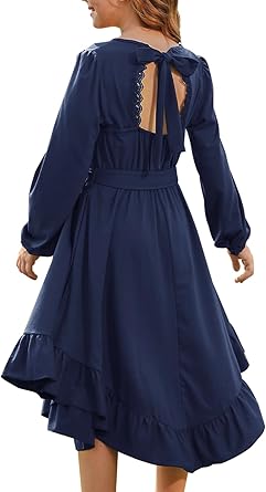 Girls Boho Dress Teen Long Sleeve Lace Backless Tie Back High Low Swing Pocket Dresses with Belt Size 5-16 Years