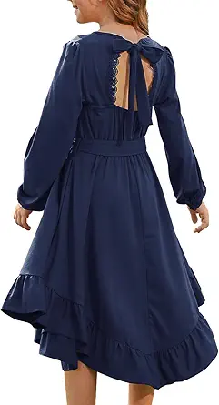 Girls Boho Dress Teen Long Sleeve Lace Backless Tie Back High Low Swing Pocket Dresses with Belt Size 5-16 Years