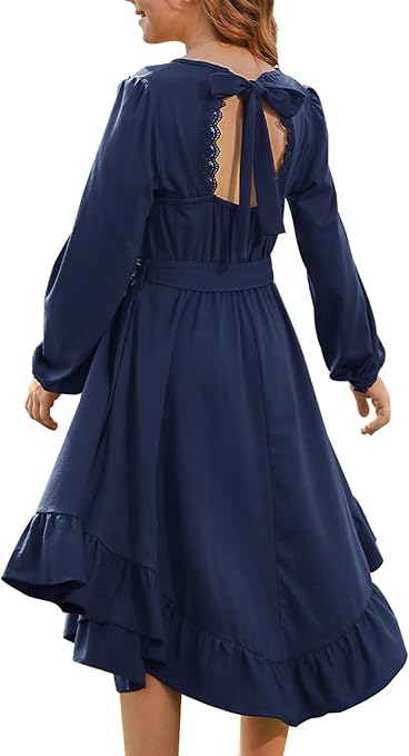 Girls Boho Dress Teen Long Sleeve Lace Backless Tie Back High Low Swing Pocket Dresses with Belt Size 5-16 Years