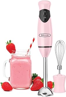 BELLA2-Speed Hand Immersion Blender with Whisk Attachment, 250 Watt, Pink, Immersion Blender with Dishwasher Safe Whisk & Blending Attachments for Food Prep (17580)