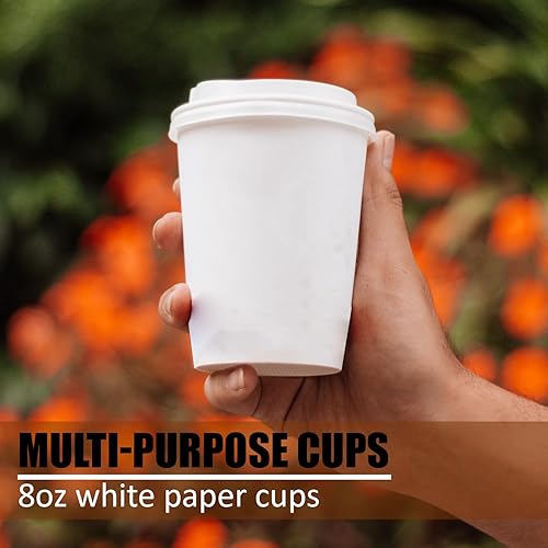 Miniatura 2 de Smygoods Tazas de café de papel desechables blancas con tapas (8 onzas, 50 unidades) para bebidas calientes, té, espresso, cacao, recipientes para