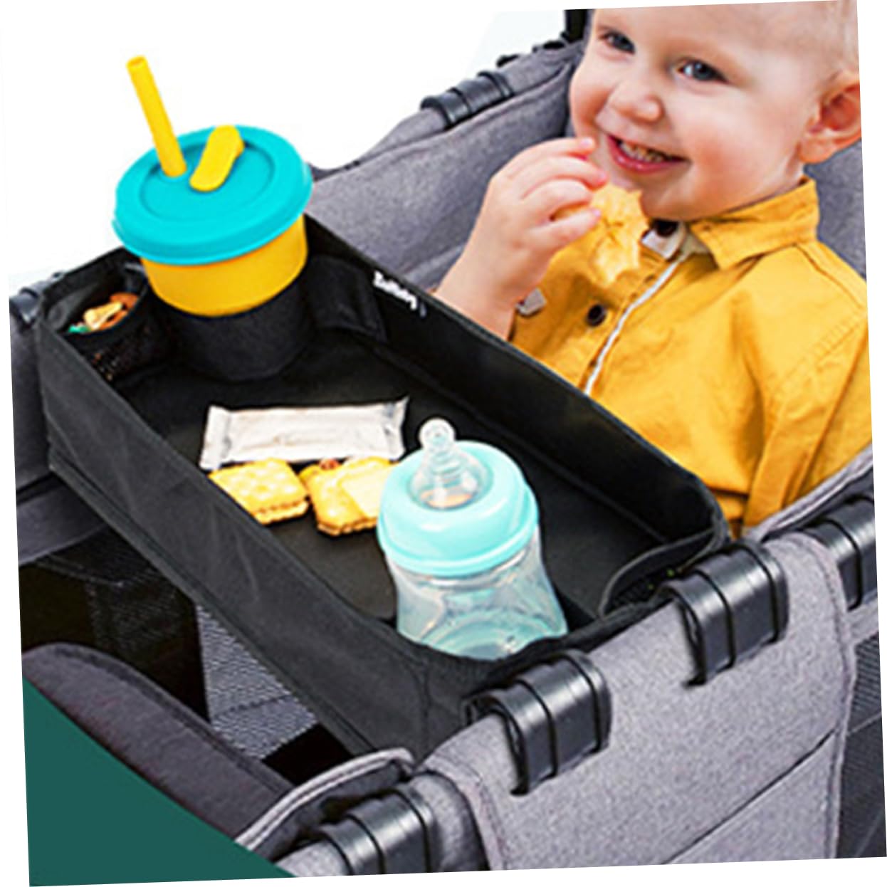 Kinderwagen Tablett mit Getränkehalter und Handyhalterung Universelles Snack Tray für Junge Mädchen und Kleinkinder Clip Zubehör für Kinderwagen Schwarz
