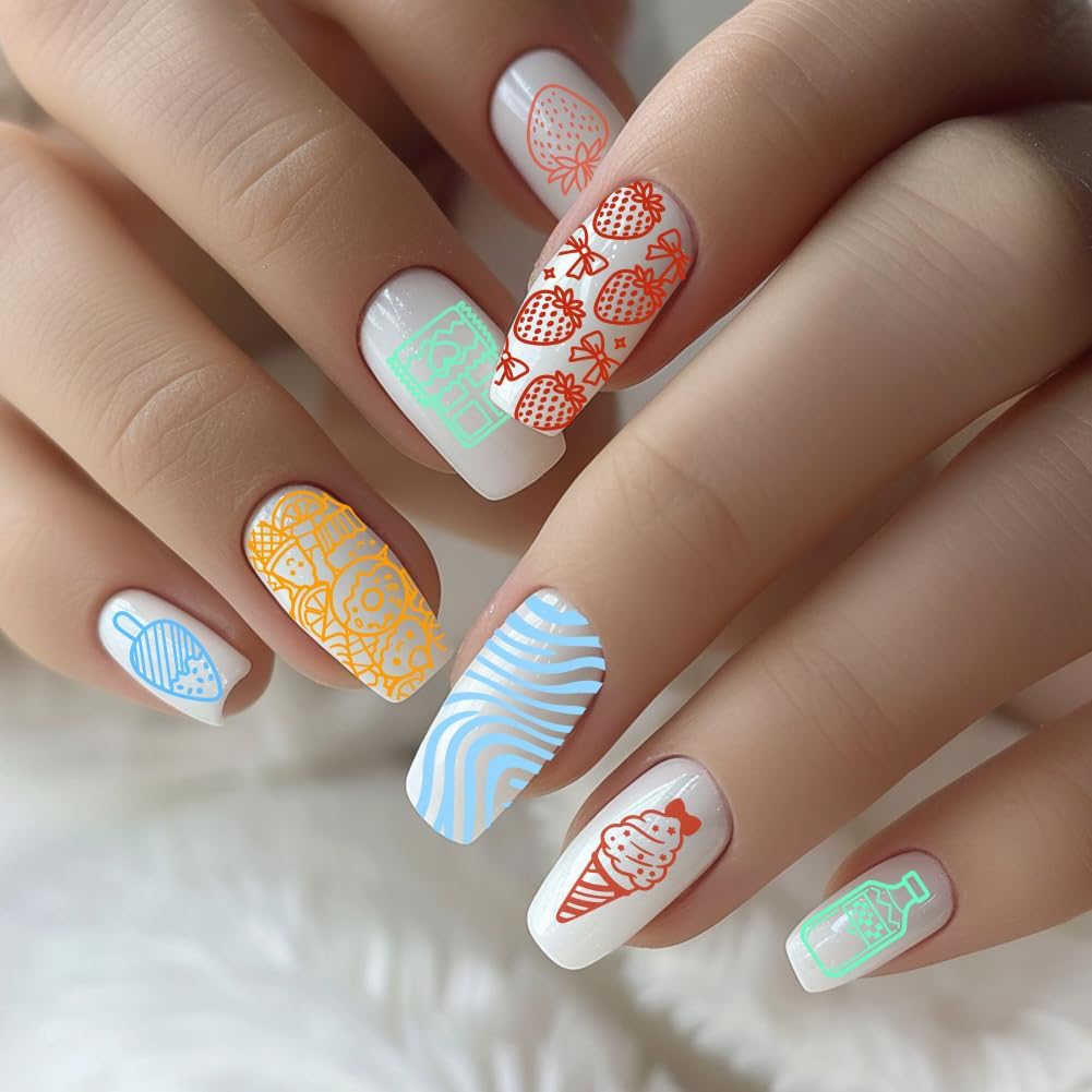 benikmake 3pcs Dessert Nail Stamp Template Ice Cream Candy Nail Printing Stainless Stencil for Manicure Salon Food Elements 6x12cm 2.36x4.7inch
