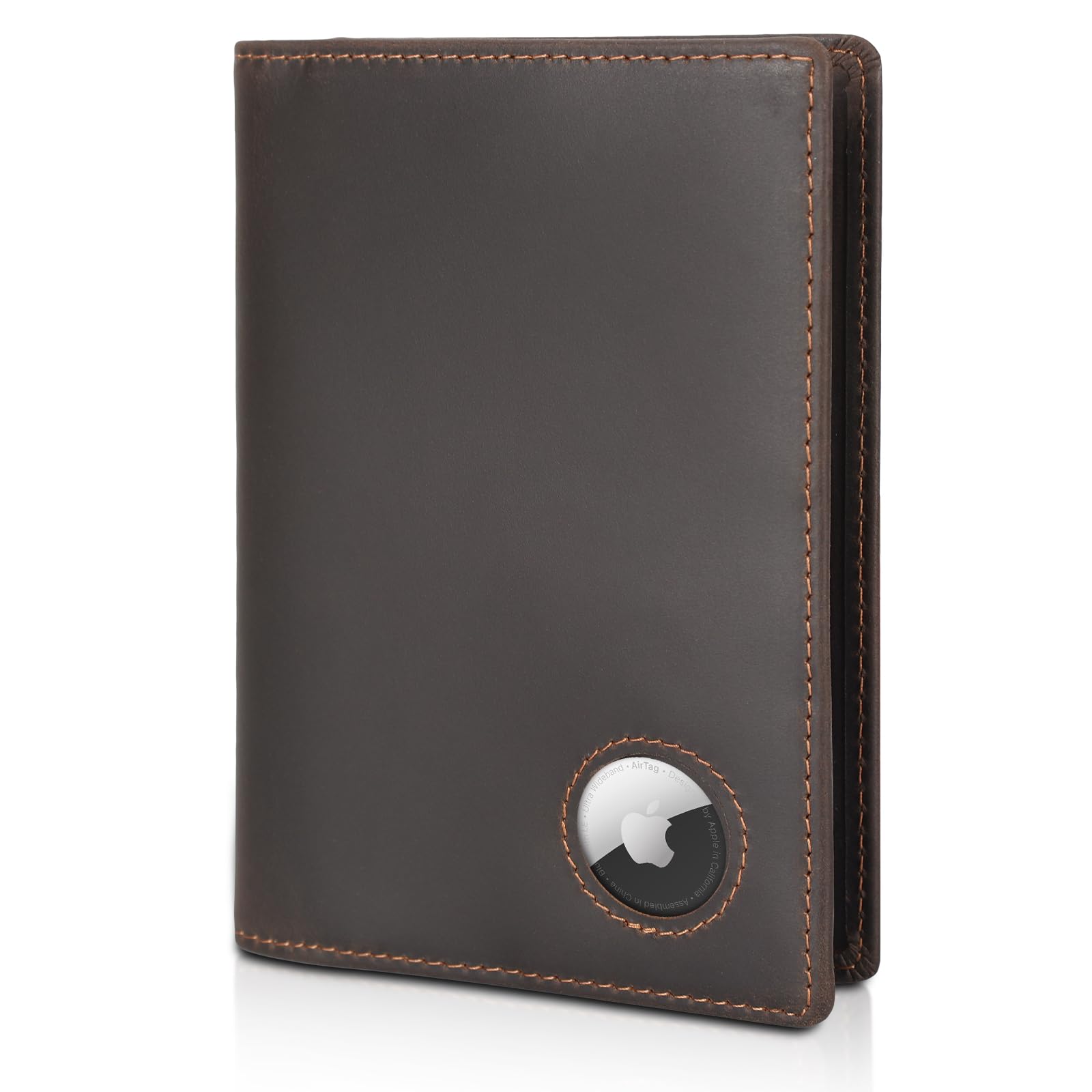 POLARE ORIGINAL Polare Slim RFID Blocking Leather Passport Holder Travel Bifold Wallet For Men (Dark Brown with AirTag Holder)