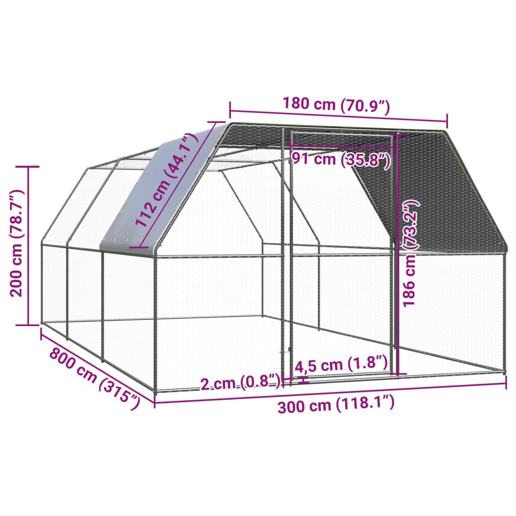 Gabbia per polli per esterni, in acciaio zincato, 3 x 8 x 2 m, con tetto impermeabile, serratura, spaziosa recinto per polli, anatre, conigli, porcellini d'India, voliere, resistente alle