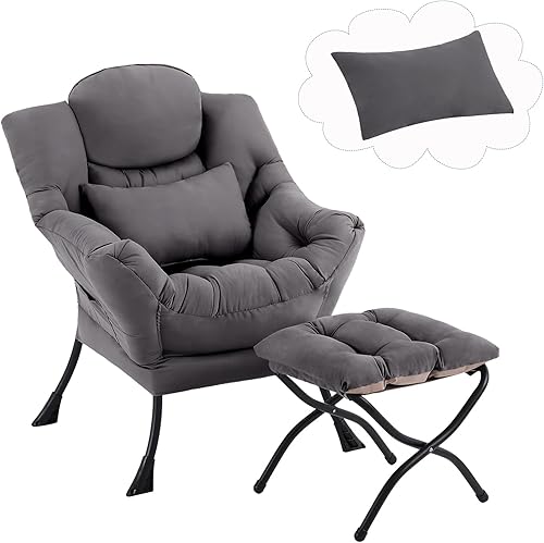 Silla perezosa con otomana, cómoda silla de descanso de tela con almohada lumbar y reposapiés plegable, sillón de lectura para dormitorio, sala de