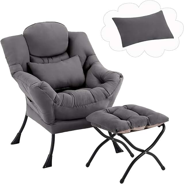 Lazy Chair with Ottoman, Comfy Fabric Accent Lounge Arm Chair with Lumba...