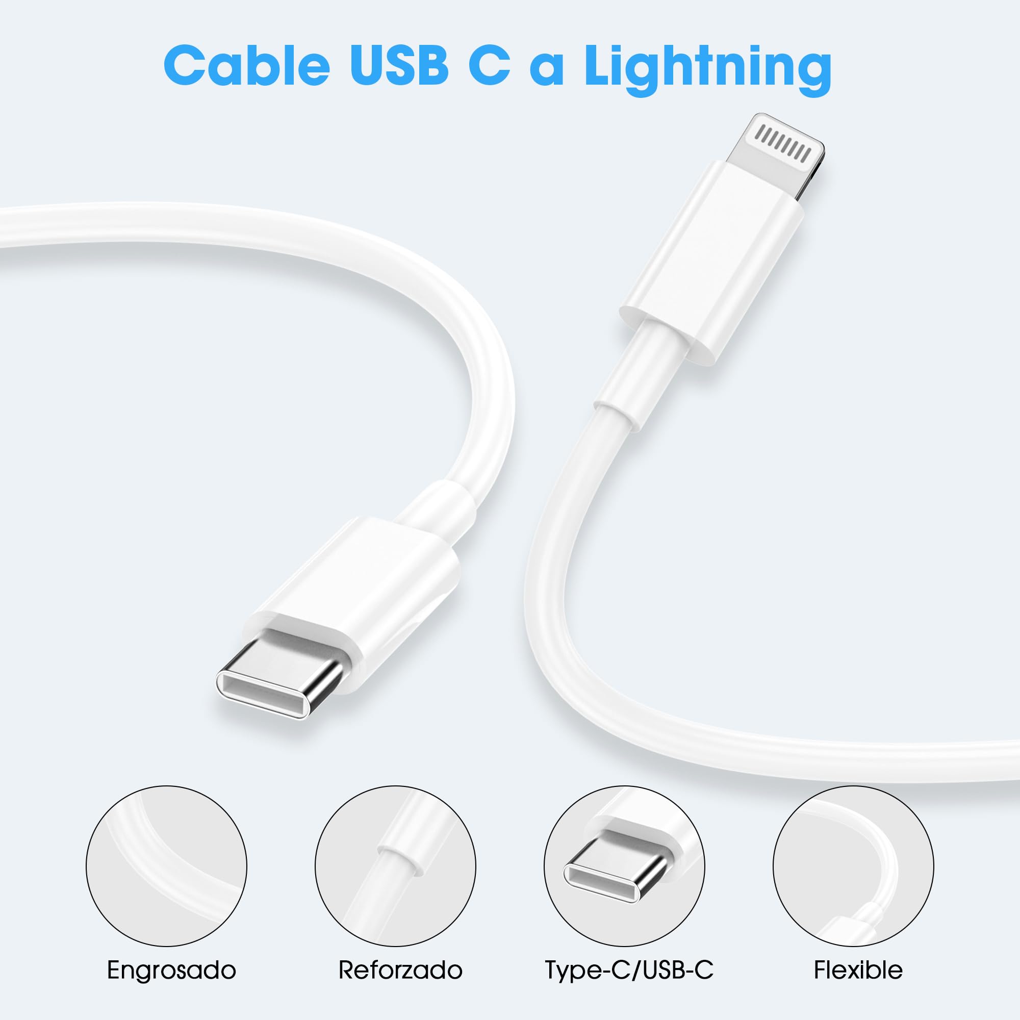 BSTOEM Cable Cargador para iPhone Carga Rápida MFi Certificado 2 Unidades 1M+2M USB-A a Lightning Blanco