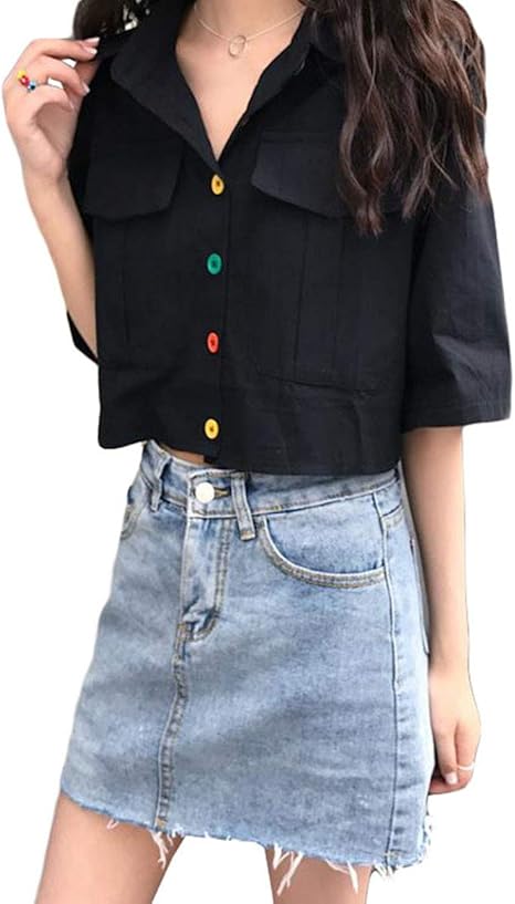 Amazon Zhongjue ジュージェン シャツ レディース 半袖 ゆったり 韓国 シャツ ショート丈 カラフル ボタン ファッション カジュアルシャツ へそ出し セクシー トップス おしゃれ 原宿系 夏 Freesize黒 シャツ ブラウス 通販