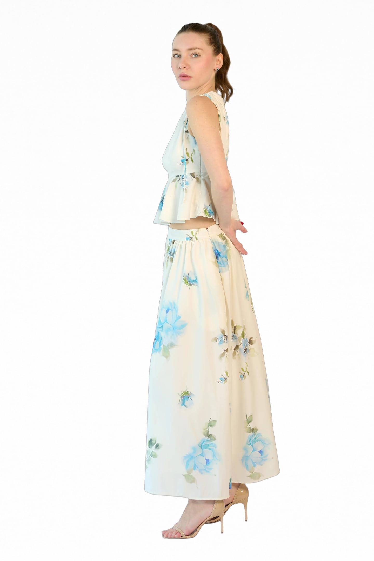 Printed Tencel White Flared Skirts with Pockets Floral Casual for Women