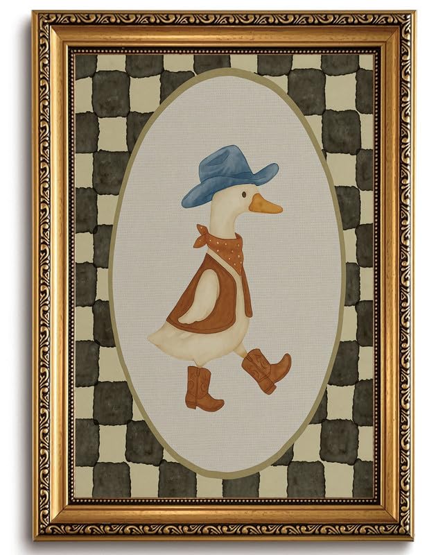 Image of Gold Framed Wall Art Vintage Cowboy Goose Canvas Wall Art Western Nursery Prints Silly Goose Picture Boys Farm Decor for Framhouse Living Room Bedroom, 12x16
