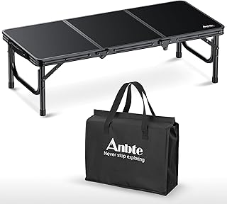 Anbte 3ft Low Folding Picnic Table, Thicker Aluminum Small Camping Table with Storage Bag, Portable Handle, Lightweight, for Camping Beach Party Picnic Floor, 34.2" x 15.7" x 10.3", Black