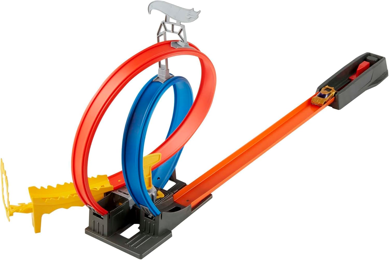 Close-up view of the Hot Wheels Energy Track's double loop and fire ring, showing a car successfully completing the loop.