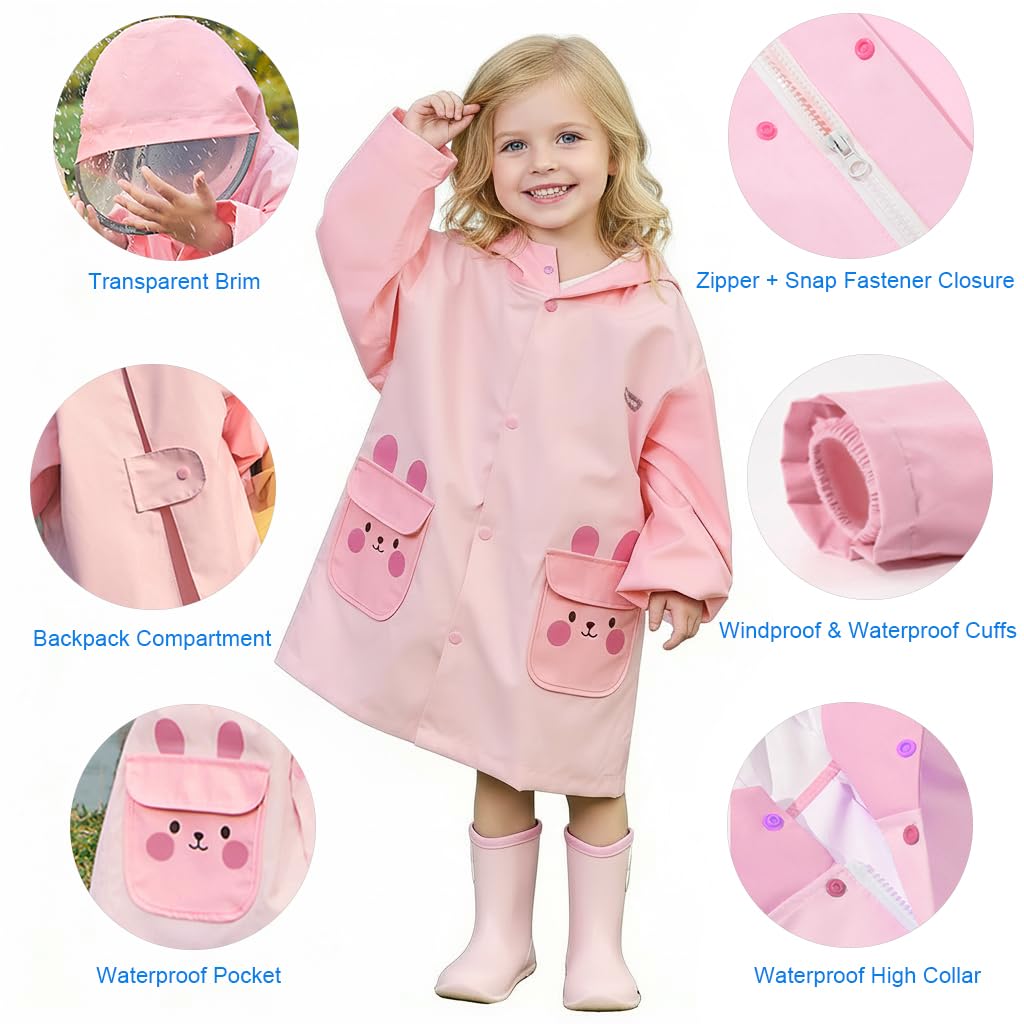 Impermeabile per bambini con cappuccio, cappotto impermeabile per ragazzi e ragazze, giacca lunga antivento con scomparto per zaino per scuola e giochi all'aperto