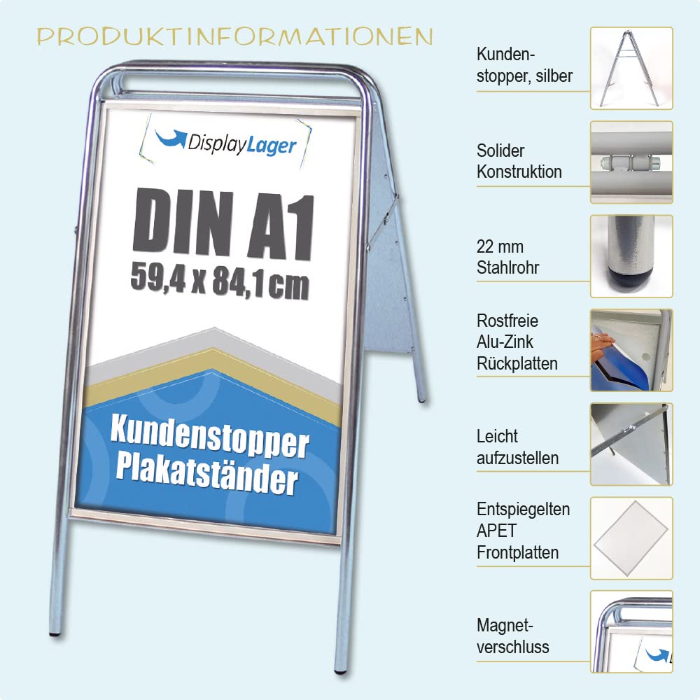 DisplayLager - Kundenstopper in Stahl - EXPO Sign A1, Silber eloxiert | Plakatständer für 2 Plakate | Wetterfest mit entspigelten APET/Akryl Frontplatten