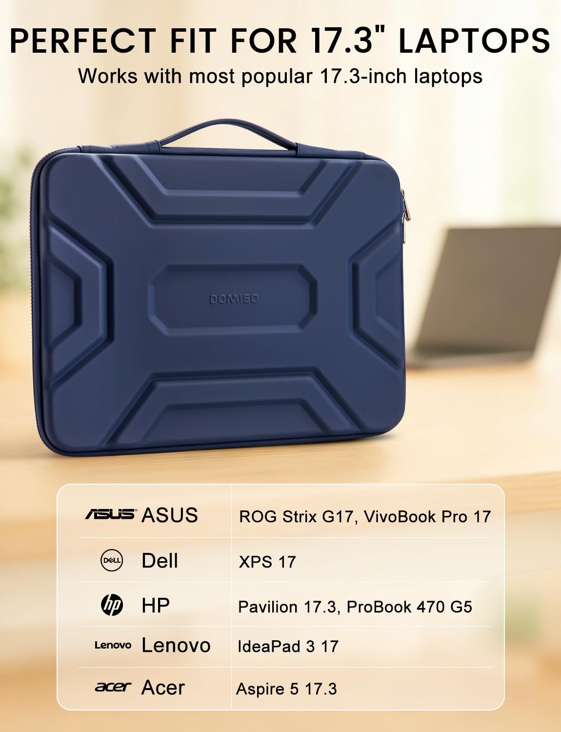 DOMISO Custodia per computer portatile da 17 pollici con maniglia, antiurto, impermeabile, custodia protettiva in EVA per laptop HP Dell Asus Lenovo da 17,3", blu scuro