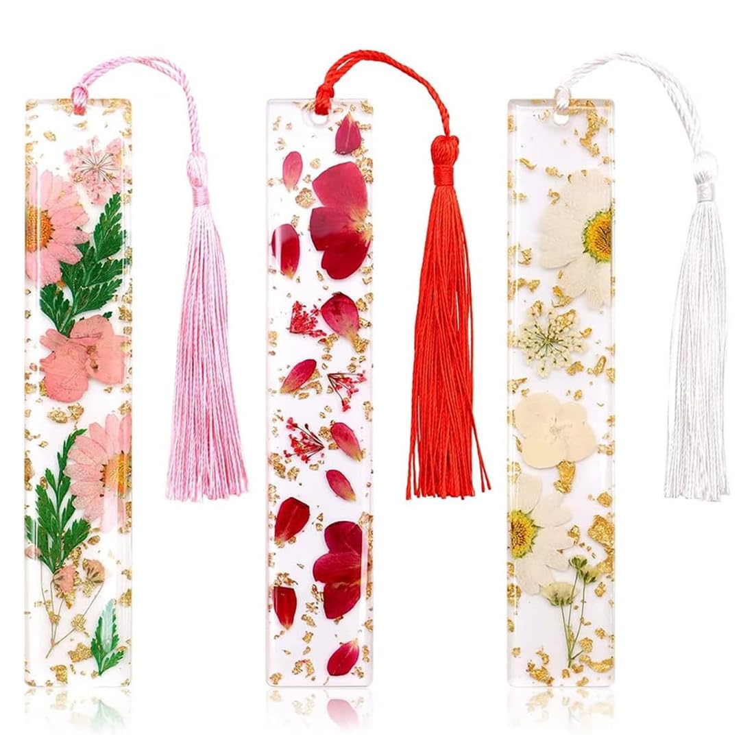 YUUSIKCO 3 pcs signets de Fleurs pressées - Marque-Pages en résine Fleurs Transparentes Marque-Pages personnalisés Avec Glands pour enseignants, étudiants, lecteurs, cadeaux d'anniversaire, cadeaux