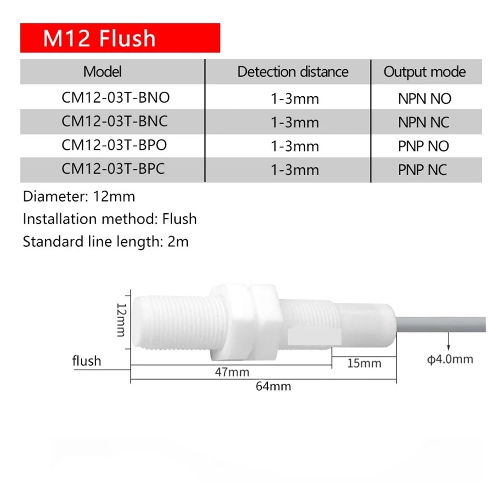 M12 Korrosionsbeständiger kapazitiver Näherungsschaltersensor(CM12-03T-B,PNP NO)