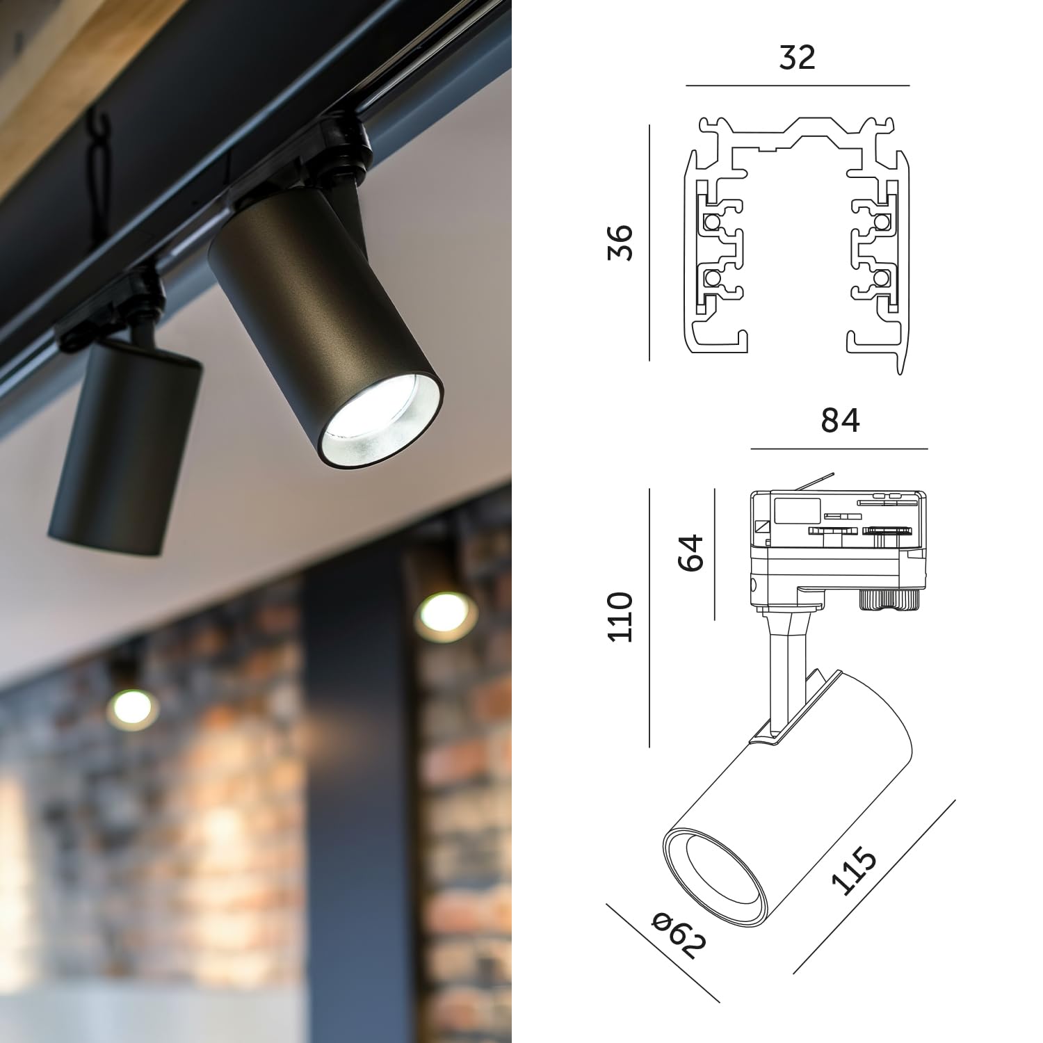 3-Phasen-Schienen-Set NEXTRACK - Schienensystem Komplett-Set 3x1m Schiene, T-Verbinder, 6x Lampe, 3x Kappe SCHWARZ