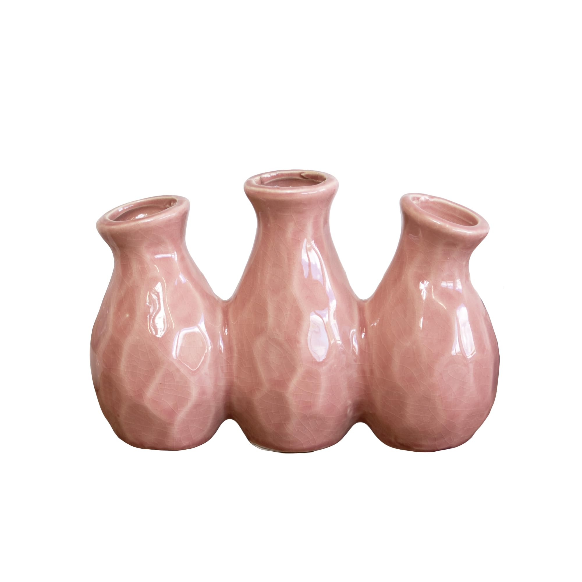 Ceramic Multi Bottle Bud Vase 19x12.5x7cm Crackle Glaze Mini Flower Stem Modern Decor Art (Pink)