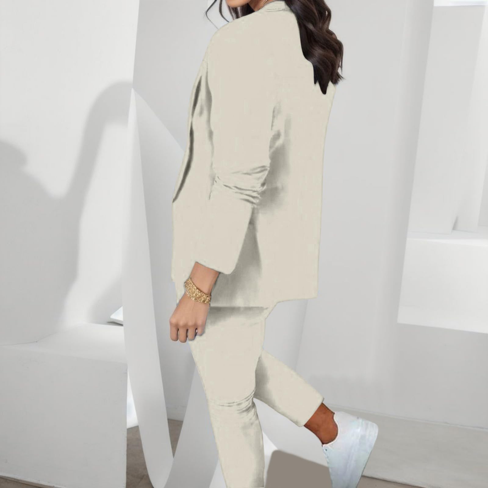 Generisch Zweiteiler Damen Elegant Hosenanzug Damen 2 Teilig Business Anzüge Set Zweiteiler Einfarbig Lange AnzugBlazer Elastischer Bund Hose Festlich Hosenanzüge Slimfit Frauen Freizeitanzug