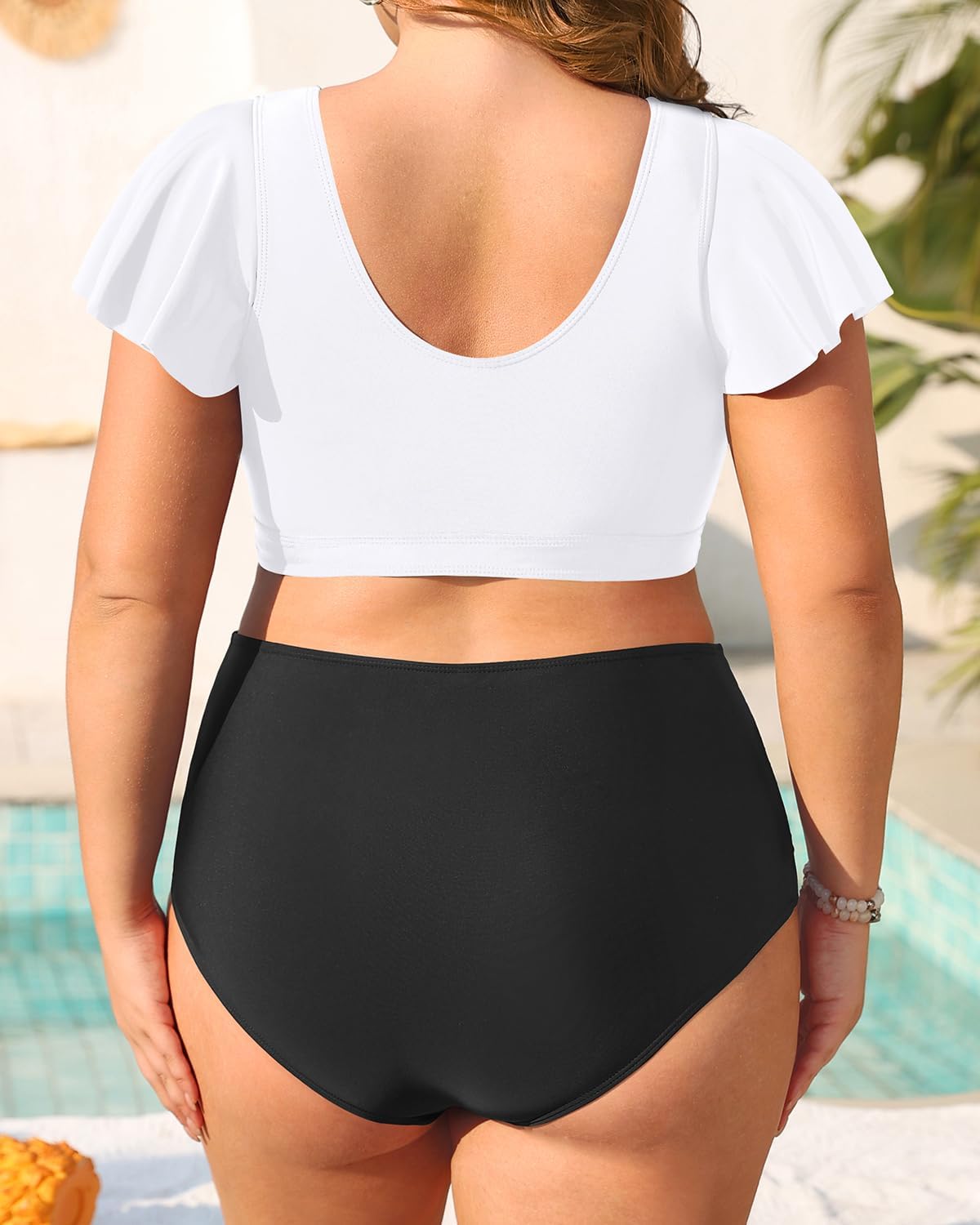 Daci Plus Size Two Piece Swimsuits - High Waisted Bikini with Sleeves for Women Bathing Suit Swimwear Black and White 22 Plus - Image 2