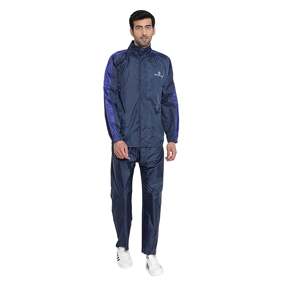 THE DRY CAPE ; LET IT RAIN Solid Mens Polyester Waterproof Raincoat with Adjustable Hood - Pack: Top Jacket Coats, Bottom Pant and Storage Bag Rain Suit (Navy and RoyalBlue)