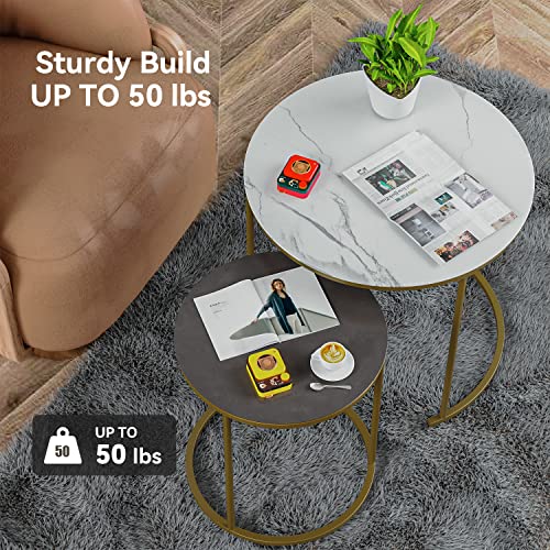 Moncot Modern Nesting Round Coffee Tables Set Of 2 Tempered Glass Faux Marble Finished Texture & Dark Gray Finish Top Waterproof Outdoor And Indoor Nested End Tables, Stacking Table, Et219Ab-Wg #TOP3