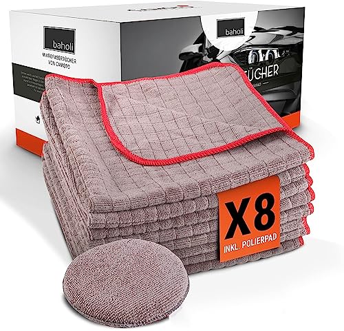 BAHOLI | 8X Mikrofasertücher inkl. 1X Polierpad extra lackschonend – Microfasertuch Autopflege 40x40cm fusselfrei & ohne Ausfransen