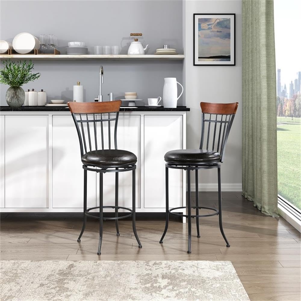 Pemberly Row Contemporary Swivel Pub Height Chair, Faux Leather Upholstery, Brown Finish, 360-Degree Swivel, Sturdy Black Metal Base, Bar Height Seating for High-Top Tables or Counters, 250lb Capacity