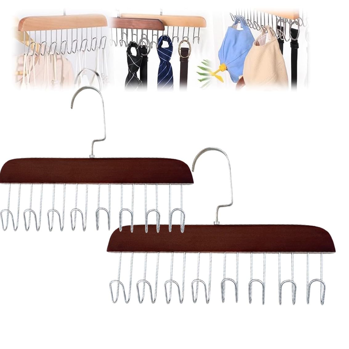 Yelschwa 2 Pcs Dark Brown Non Slip Coat Rack With 8 Hooks Belt Hanger For Closet Tank Top Bra Hanger Tie Hanger Belt Organizer Closet Accessories Multifunctional Hooks Belt Rack Sturdy Wood (2 Pcs Dark Brown)