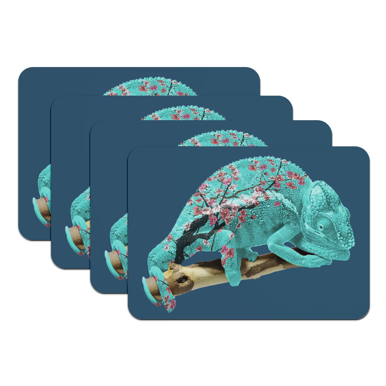 Dessous de table caoutchouc bleu grand format avec illustration vintage de caméléon art