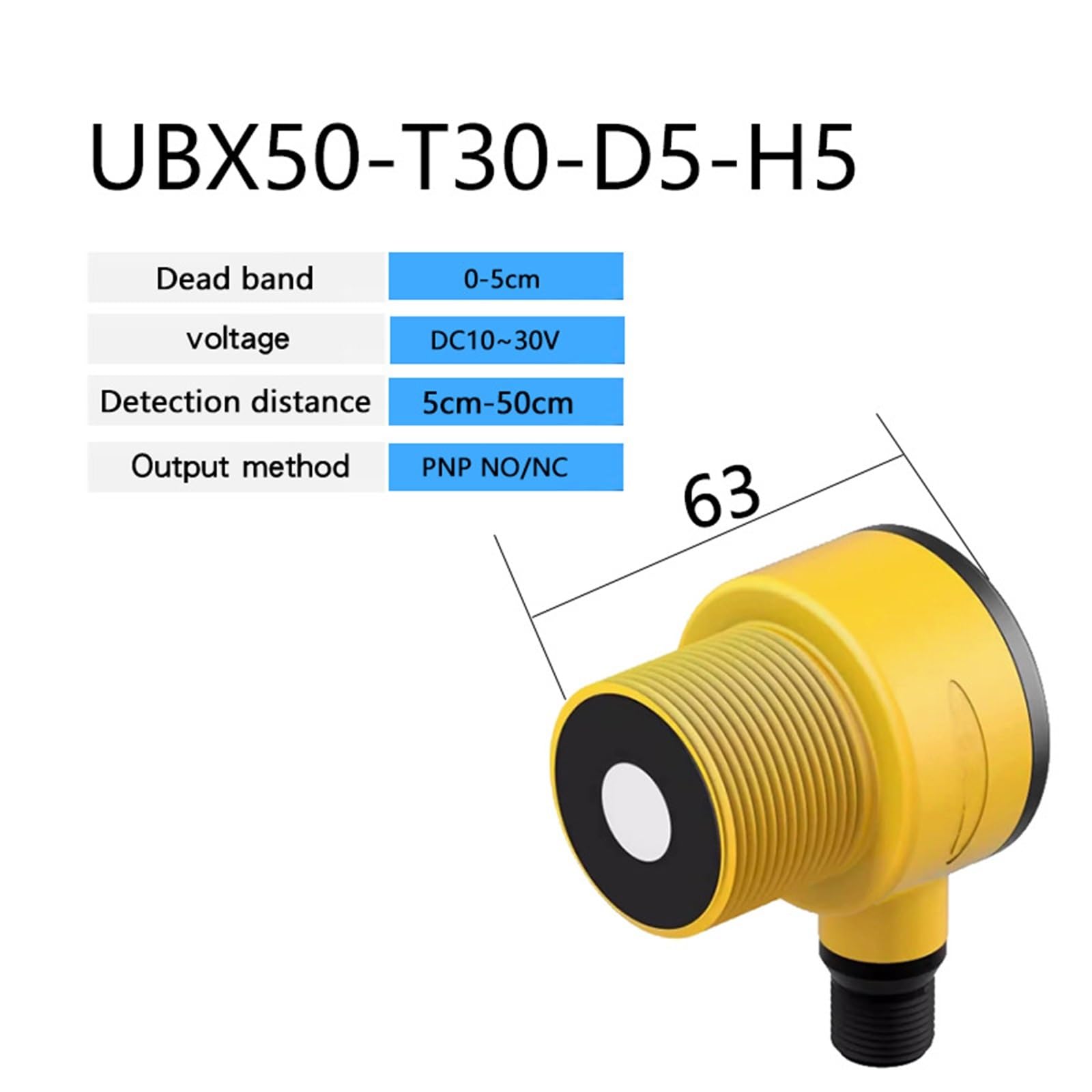 1 Sensor de Interruptor ultrasónico T30 NPN/PNP NO NC, Dos Salidas, 4-20 mA + 0-10 V, 10-30 V CC, Cable de conexión M12/cable de PVC de 2 m.(500mm PNPNONC)