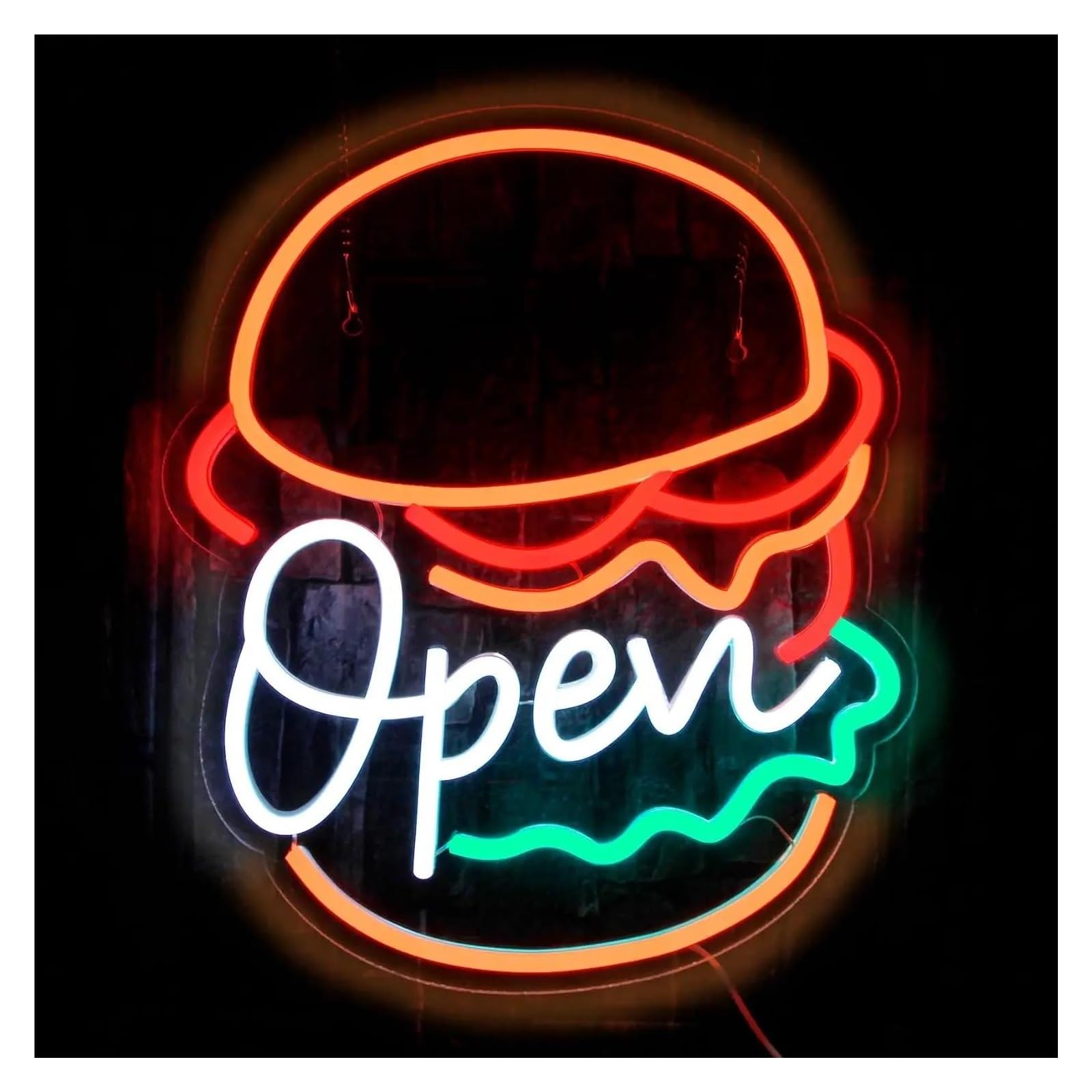 SHOUXI Sign Lamp Burger Open Neon Sign Hamburger LED Light Dimmable USB Powered for Business Fast Food Restaurant Hotel Decor 30cmx34.8cm