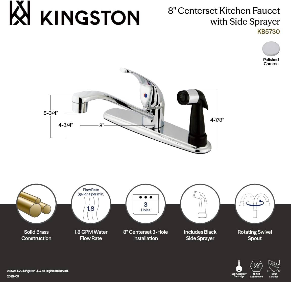 Kingston Brass KB5730 Chatham Single Lever Handle Kitchen Faucet with Deck Sprayer, 8-Inch, Polished Chrome
