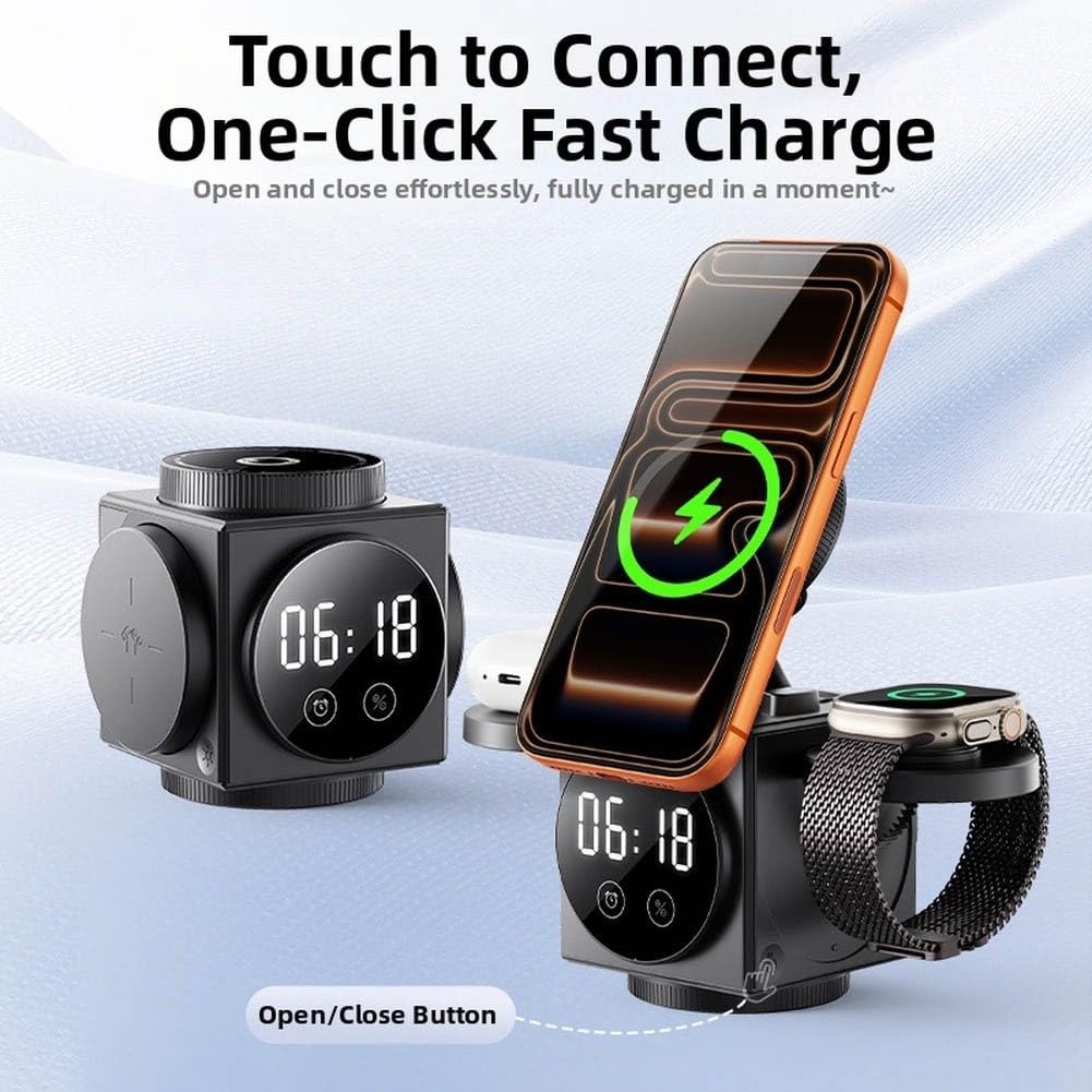 Cargador inalámbrico 3 en 1 para, estación de carga magnética de 15 W con soporte de luz de reloj para auriculares de reloj de teléfono uso simultáneo (gris oscuro)