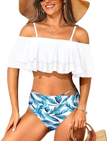 Tempt Me Women Two Piece High Waisted Bikini Set Swimsuit Off Shoulder Ruffle Bathing Suits Tummy Control Ruched Swimwear