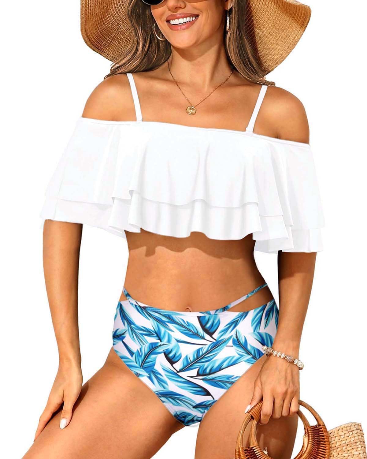 Tempt Me Women Two Piece Off Shoulder Ruffled Flounce Crop Bikini Top Print Cut Out Bottoms - Review, Price and Buying Guide