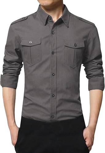 Mens Western Cowboy Shirt with Flap Pocket Button Up Tactical Cargo Shirt Collared Cotton Work Hiking Fishing Shirt