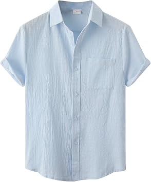 Short Sleeve Shirts Men's Shirt Summer Loose Cotton Blend Solid Button Fake Pocket Short Sleeve Shirt Tops
