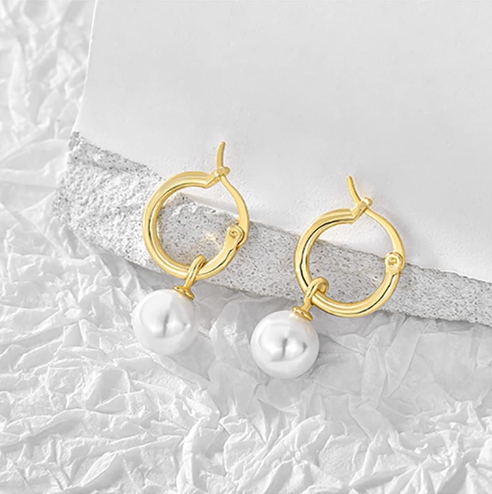 14K Gold/White Gold Plated Minimalist Pearl Hoop Earrings,Huggies Dangle Earrings Jewelry - Image 4