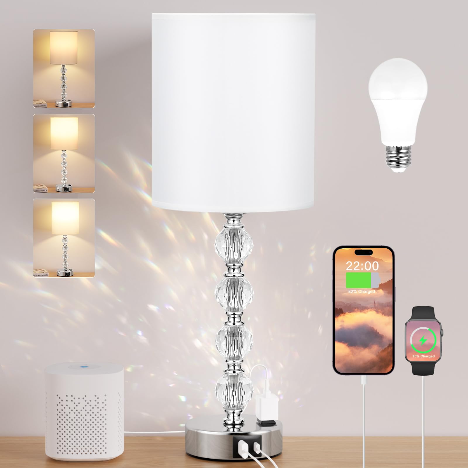 AcaxinTouch Glass Bedside Lamps with USB C+A Charging Port and AC Outlet White 3 Way Dimmable Silver Large Side Table Lamp for